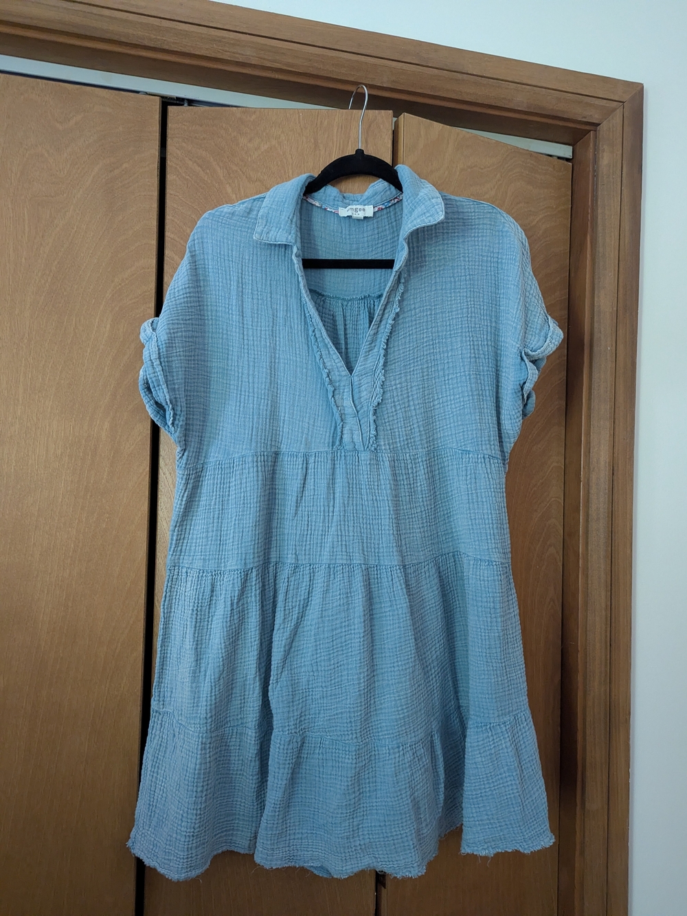 Umgee Light Blue Gauze V-Neck Tunic with Rolled Short Sleeves